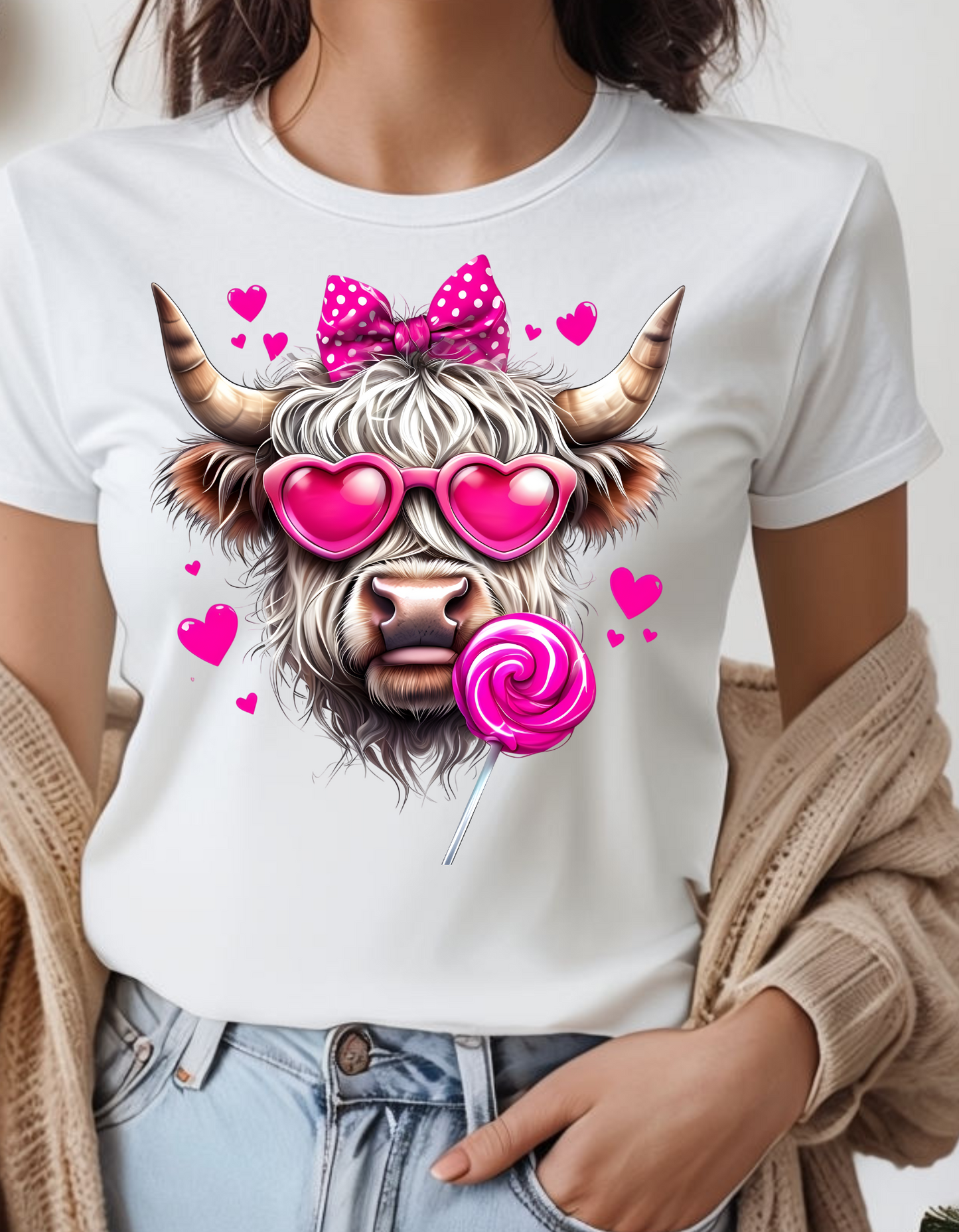 Highland Cow Valentines PNG Pink Bow Sucker