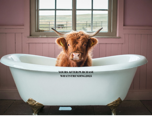 Highland Cow in bathtub wall art/poster